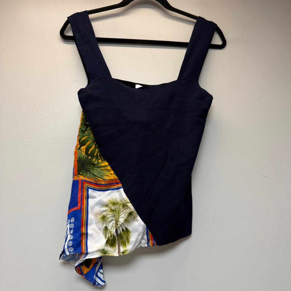 Ecru Mixed‎ Media Tank Top Womens Medium Navy Blue NWT Asymmetrical Tropical
